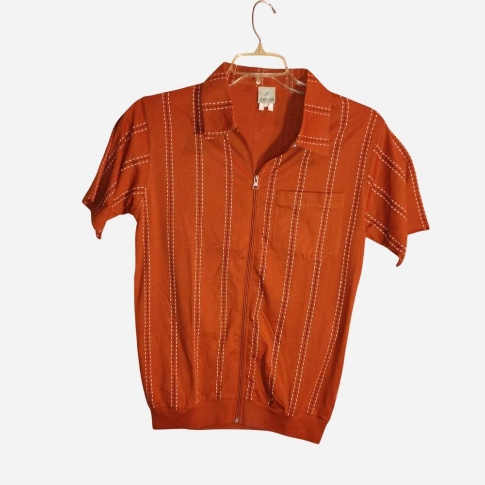 Haband Men’s Vintage-Style Full-Zip Knit Shirt – Size Small_Rust Orange/Black